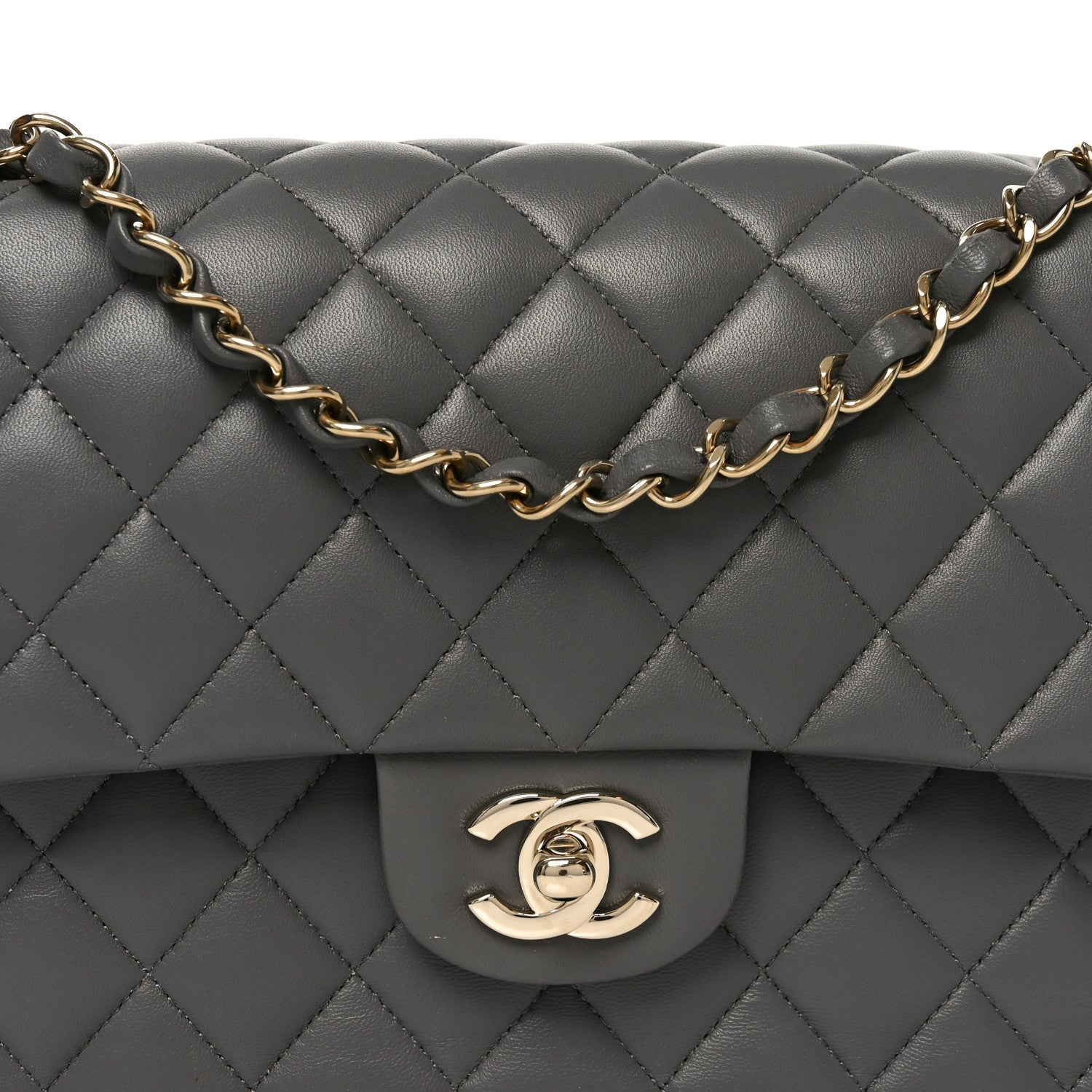 Lambskin Quilted Medium Double Flap Grey