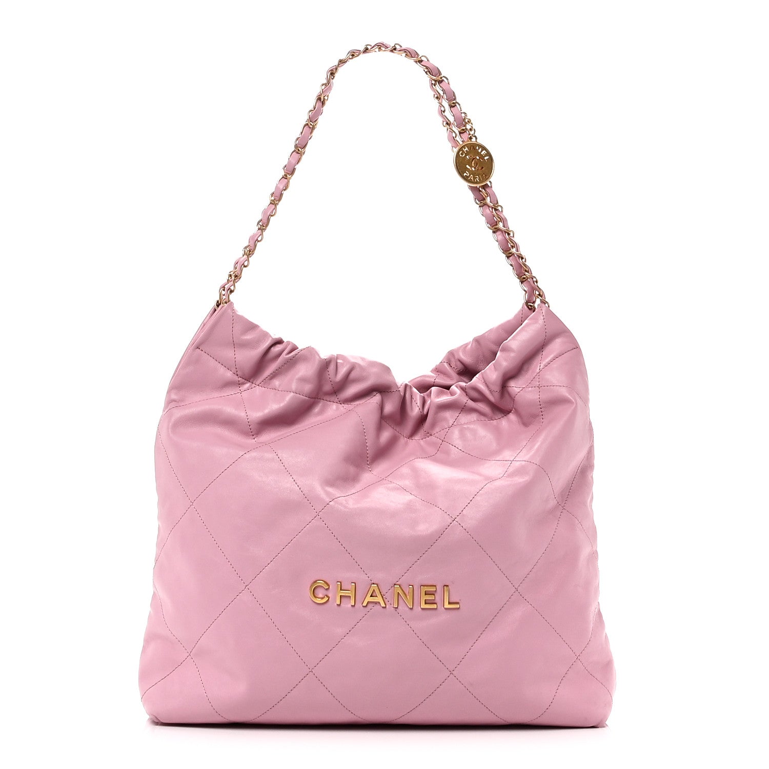 Shiny Calfskin Quilted Chanel 22 Drawstring Bag Pink
