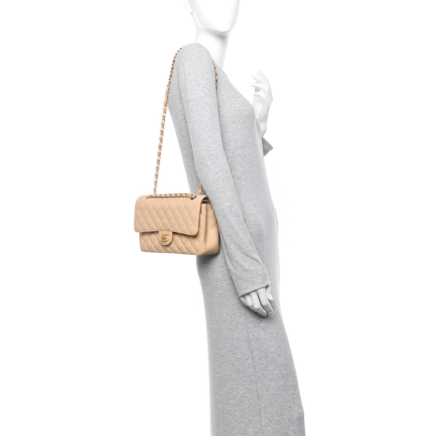 Caviar Quilted Medium Double Flap Beige