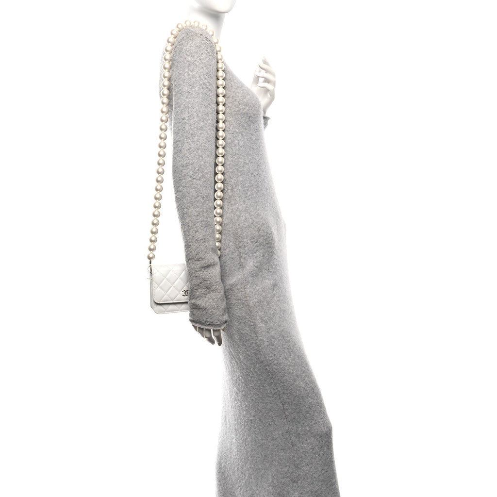 Lambskin Quilted Mini Pearl Wallet On Chain WOC White