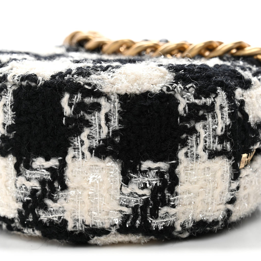 Wool Tweed Lambskin Quilted Chanel 19 Round Clutch With Chain and Coin Purse Black White
