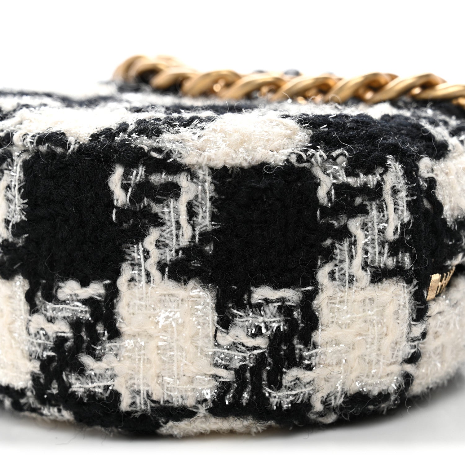 Wool Tweed Lambskin Quilted Chanel 19 Round Clutch With Chain and Coin Purse Black White