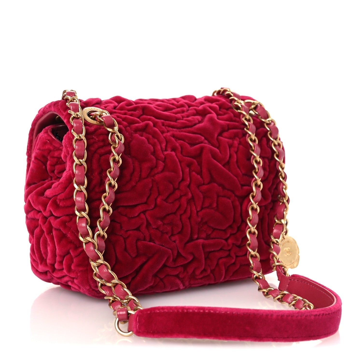Velvet Camellia Embossed Mini Square Flap Fushia