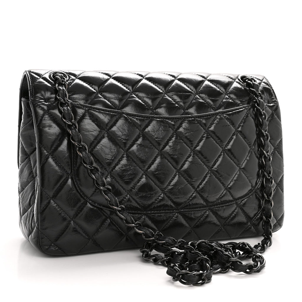 Shiny Crumpled Calfskin Quilted Jumbo Double Flap So Black