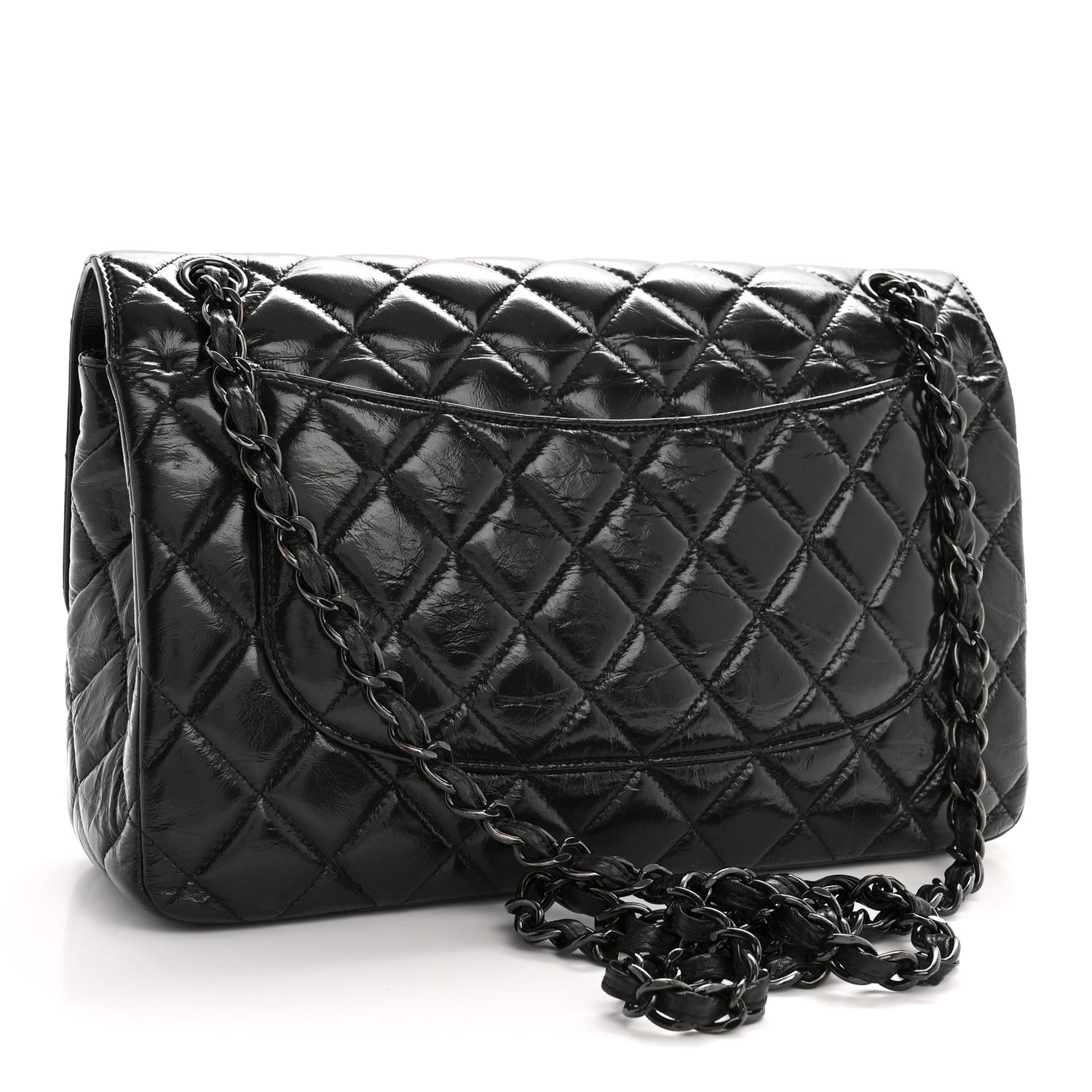 Shiny Crumpled Calfskin Quilted Jumbo Double Flap So Black