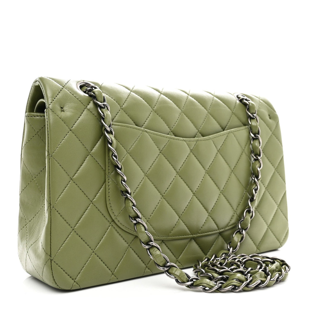 Lambskin Quilted Medium Double Flap Green