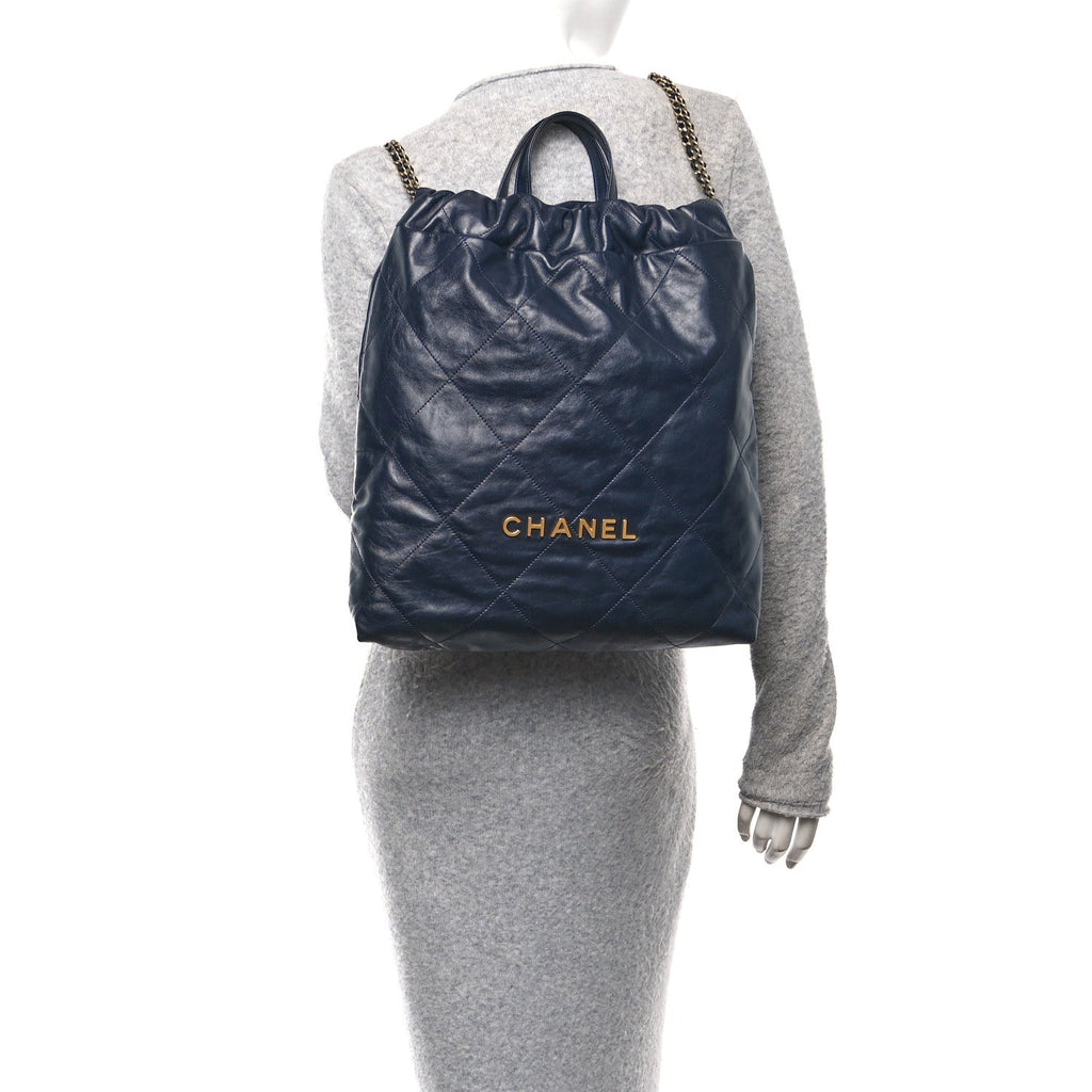Shiny Calfskin Quilted Chanel 22 Backpack Dark Blue