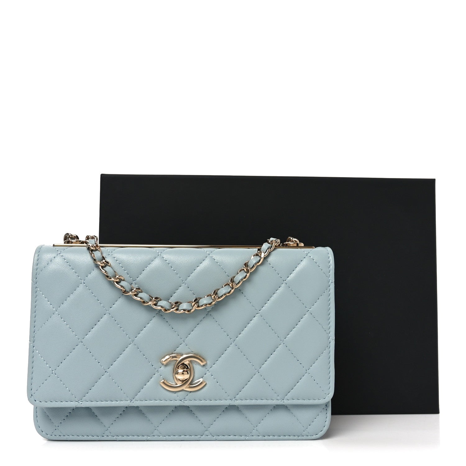 Lambskin Quilted Trendy CC Wallet On Chain WOC Light Blue