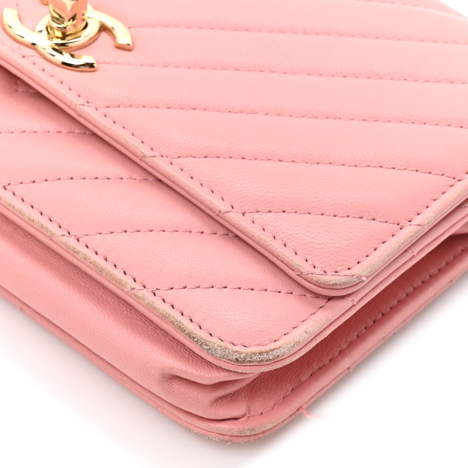 Lambskin Chevron Quilted Trendy CC Wallet On Chain WOC Pink