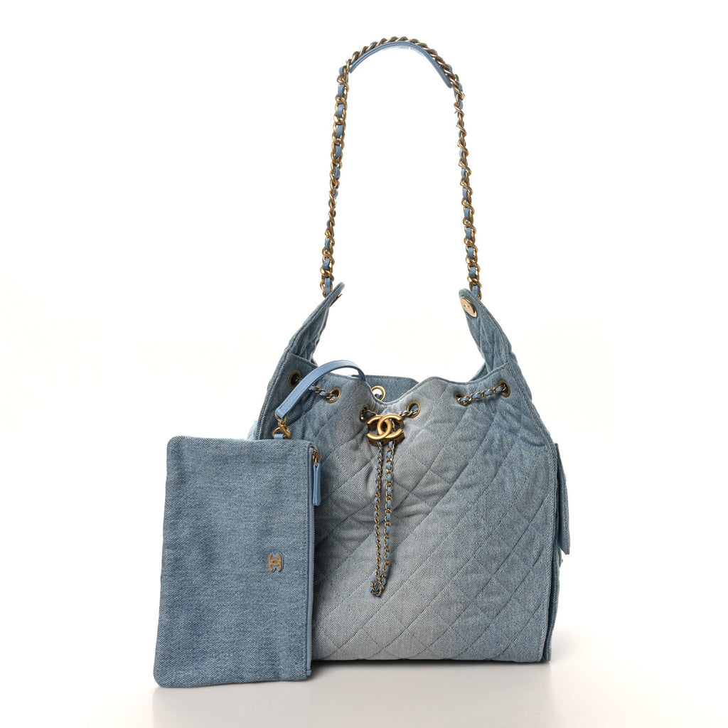 Washed Denim Quilted Medium Chanel 25 Handbag Blue