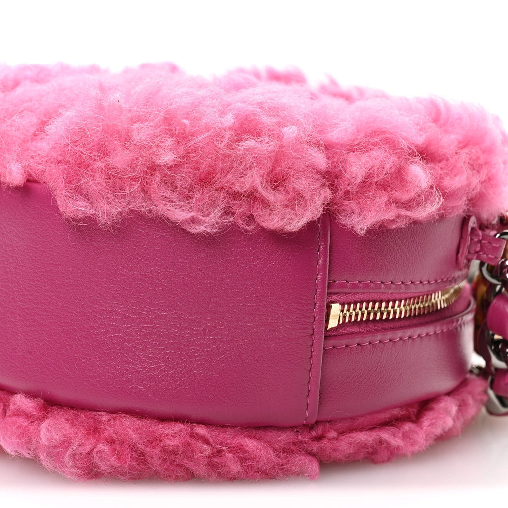 Shearling Sheepskin Chanel 19 Round Clutch With Chain Dark Pink