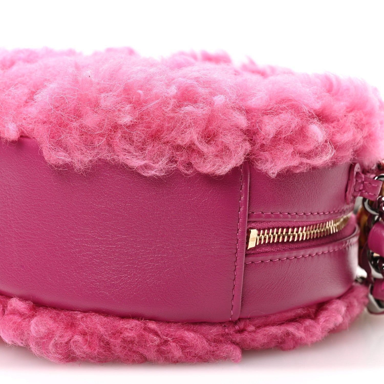 Shearling Sheepskin Chanel 19 Round Clutch With Chain Dark Pink