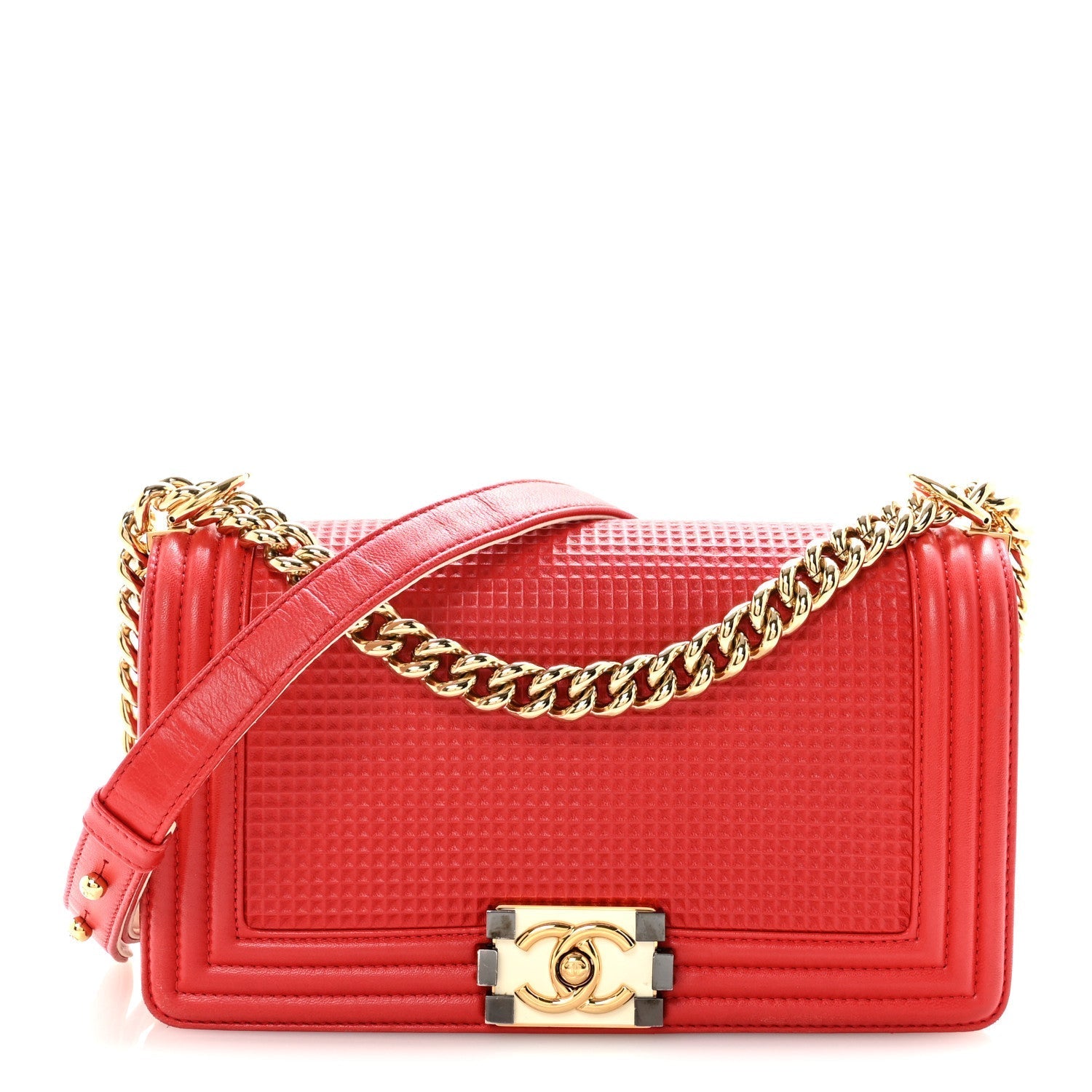 Lambskin Embossed Medium Boy Cube Flap Red