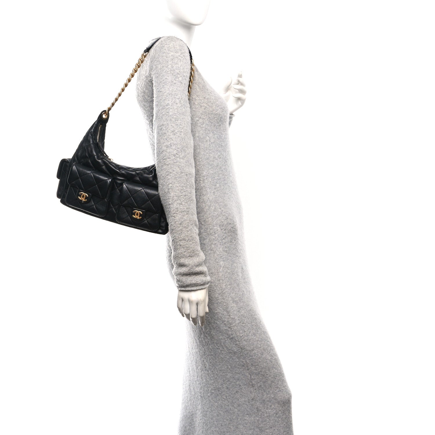 Shiny Lambskin Quilted Trendy Pockets Hobo Black