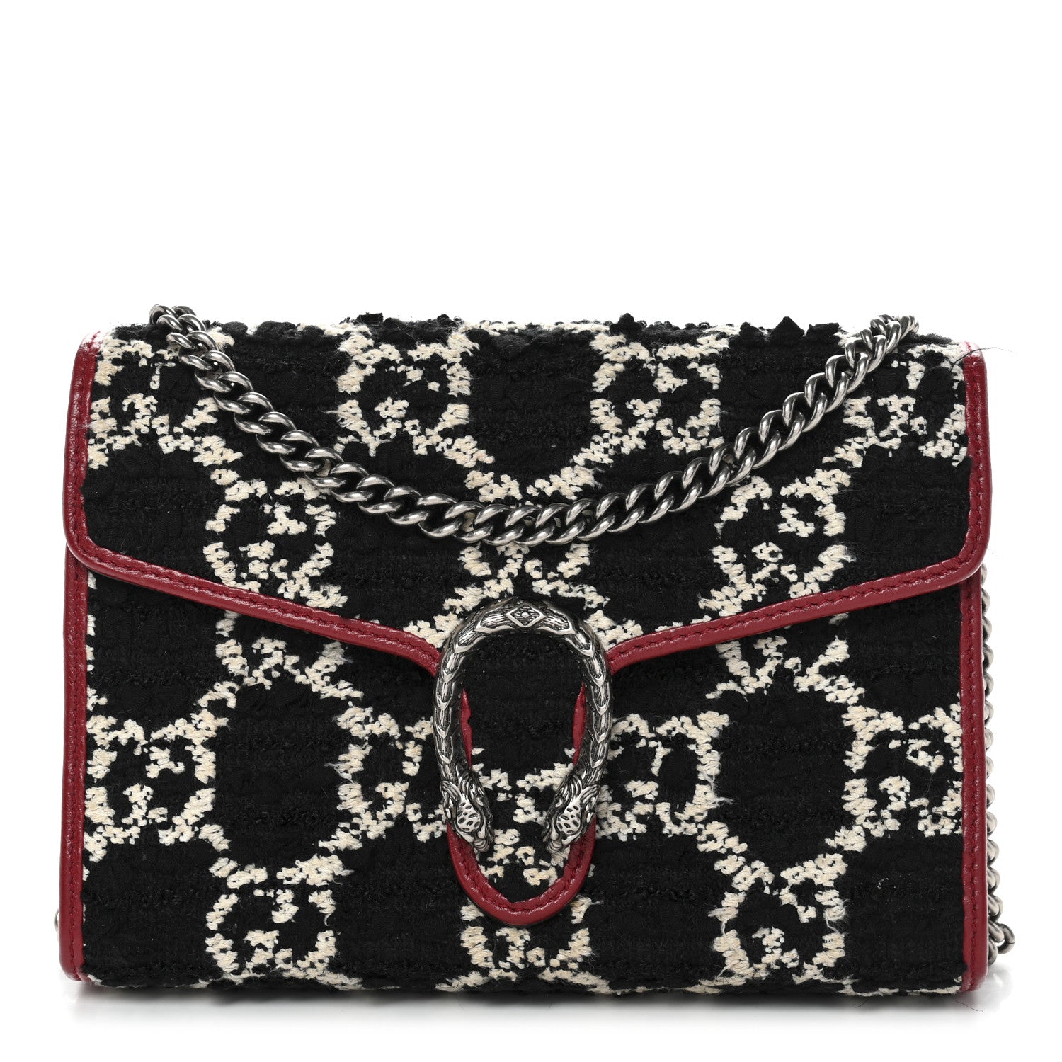Tweed GG Monogram Mini Dionysus Chain Wallet Black White Romantic Cherry