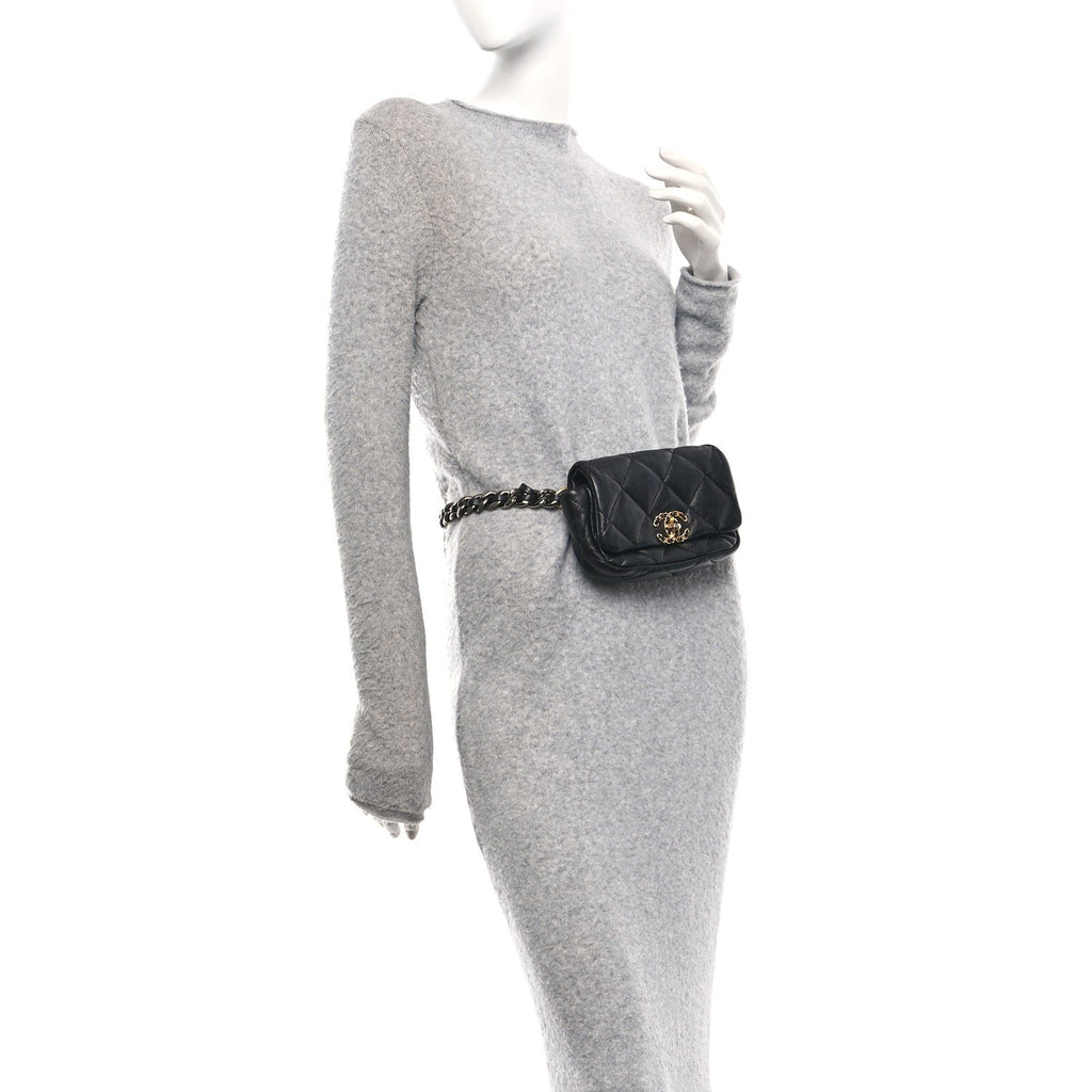Goatskin Quilted Chanel 19 Waist Bag Black