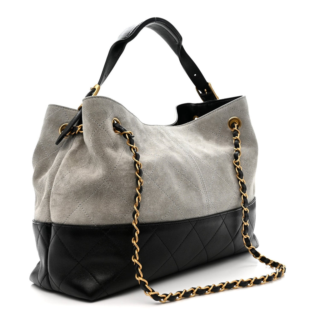 Suede Calfskin Shiny Lambskin Quilted Small Coco Base Shopping Bag Grey Black