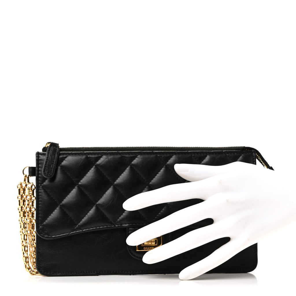 Aged Calfskin Quilted 2.55 Reissue Pouch With Chain Handle Black