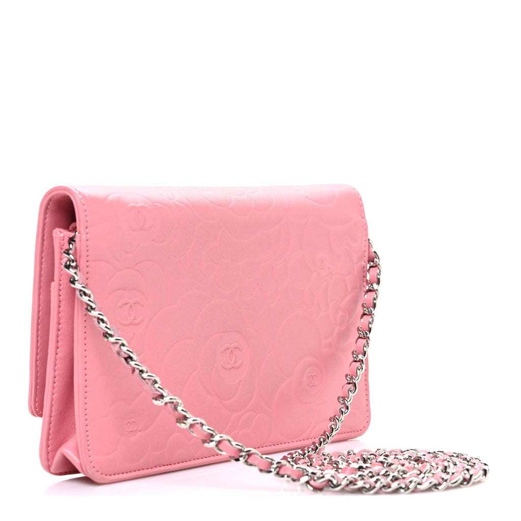 Lambskin Camellia Embossed Wallet on Chain WOC Pink