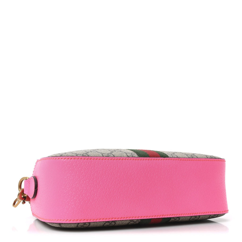 GG Supreme Monogram Textured Dollar Calfskin Web Ophidia Small Crossbody Bag Beige Ebony Fuchsia