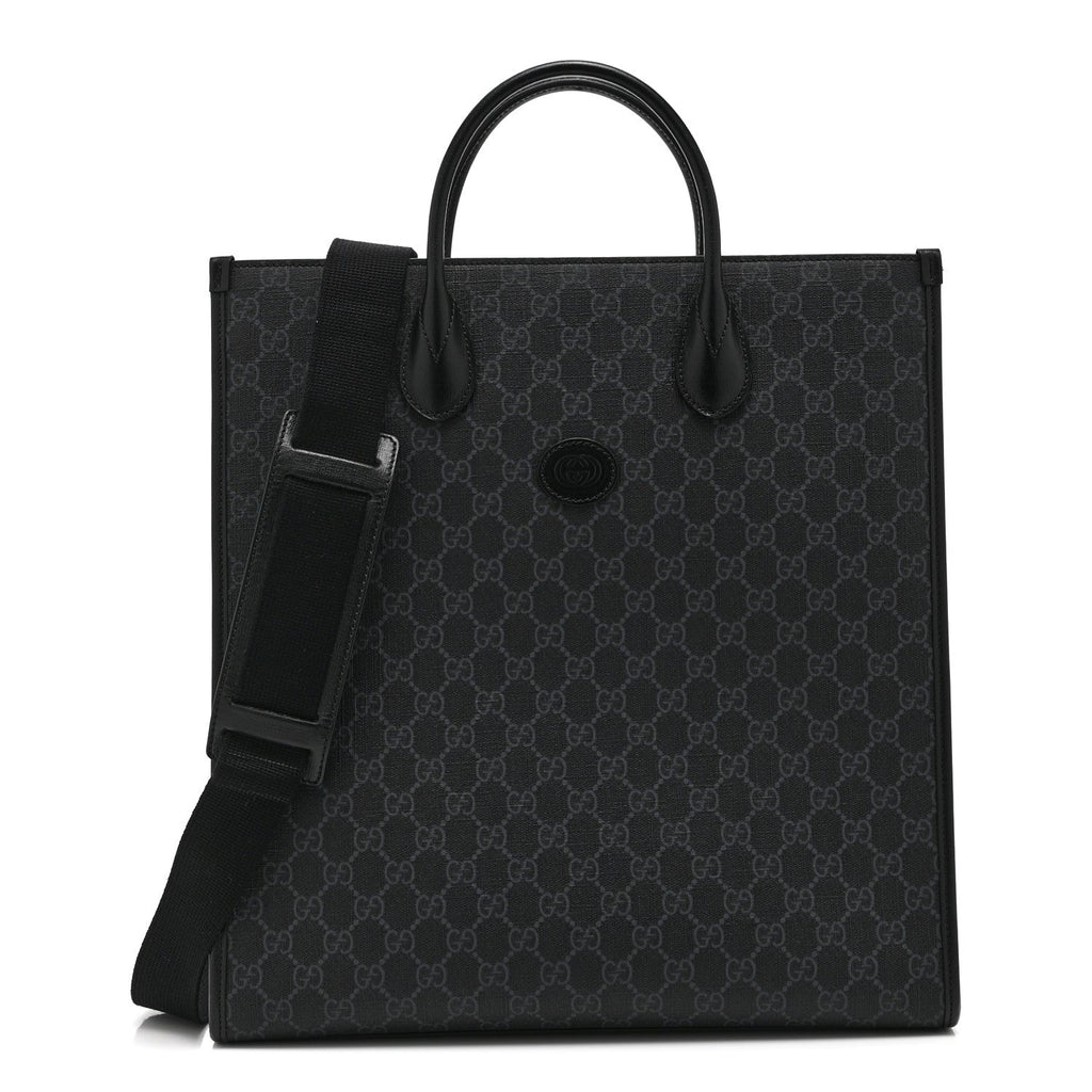 GG Supreme Monogram Azalea Calfskin Medium Retro Interlocking G Vertical Tote Bag Black