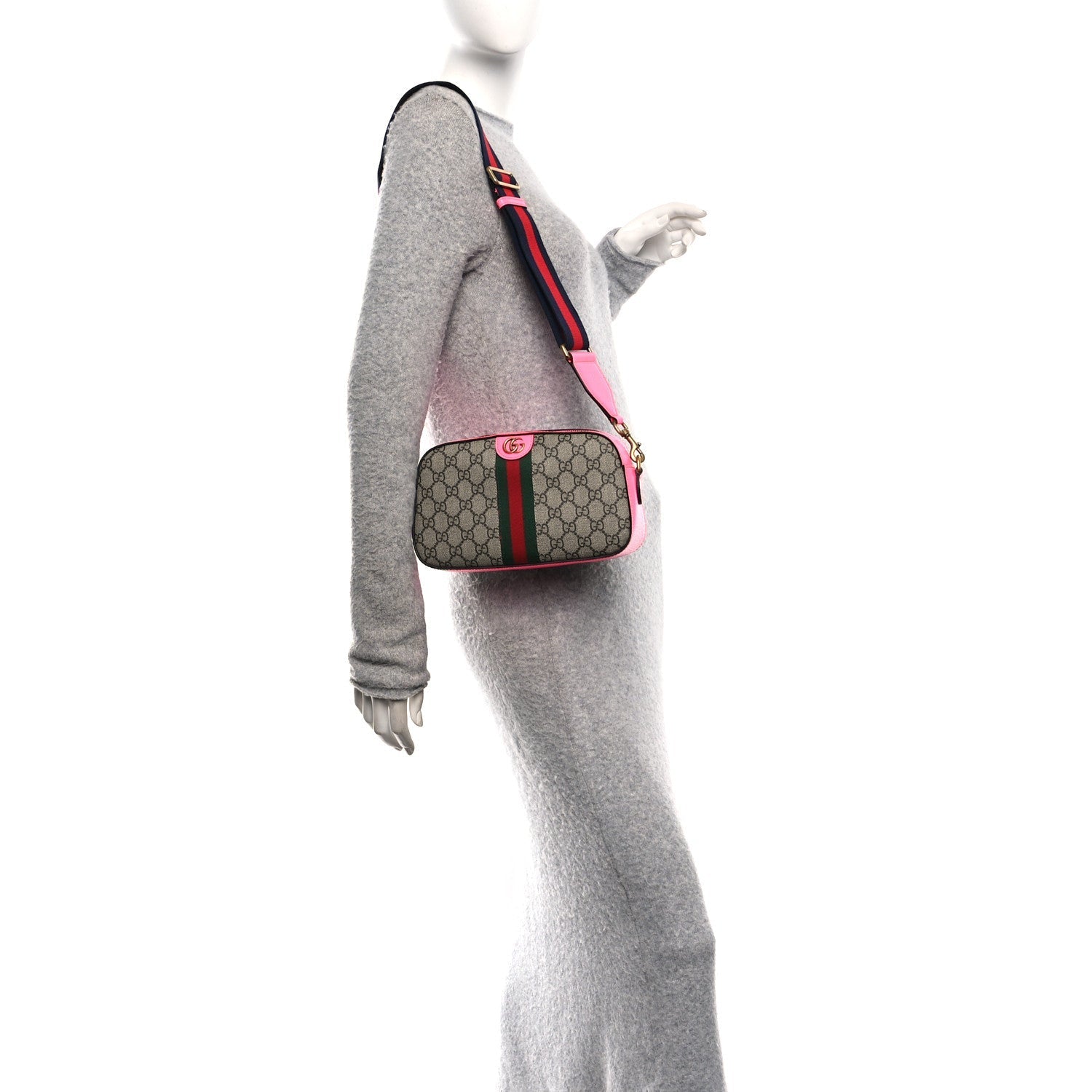 GG Supreme Monogram Textured Dollar Calfskin Web Ophidia Small Crossbody Bag Beige Ebony Fuchsia