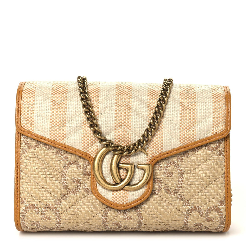 Raffia GG Monogram Matelasse GG Marmont Chain Wallet Natural Beige Off White Sun Oil
