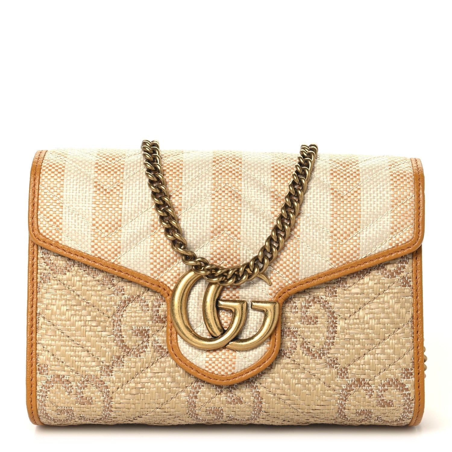 Raffia GG Monogram Matelasse GG Marmont Chain Wallet Natural Beige Off White Sun Oil