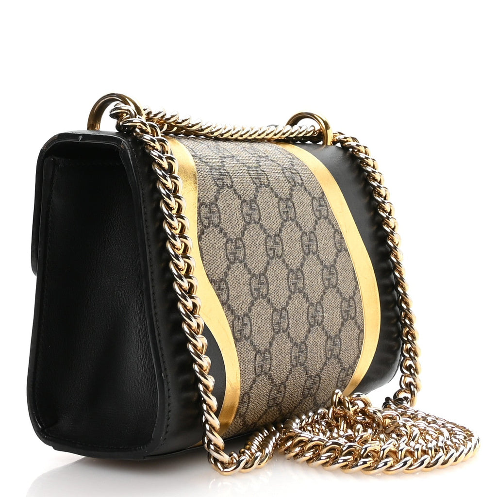 Calfskin GG Supreme Monogram Small Padlock Shoulder Bag Black Gold