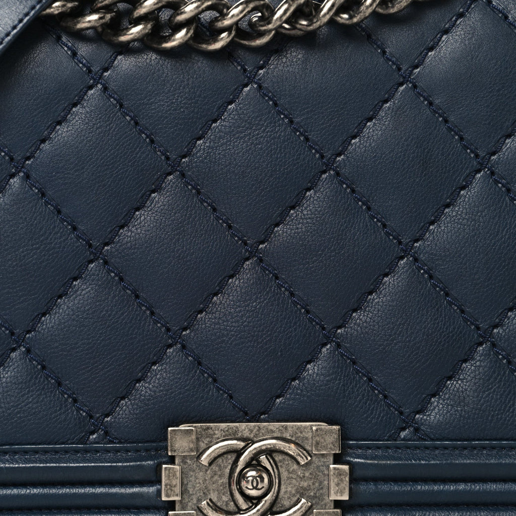 Calfskin Quilted Double Stitch New Medium Boy Flap Navy Blue