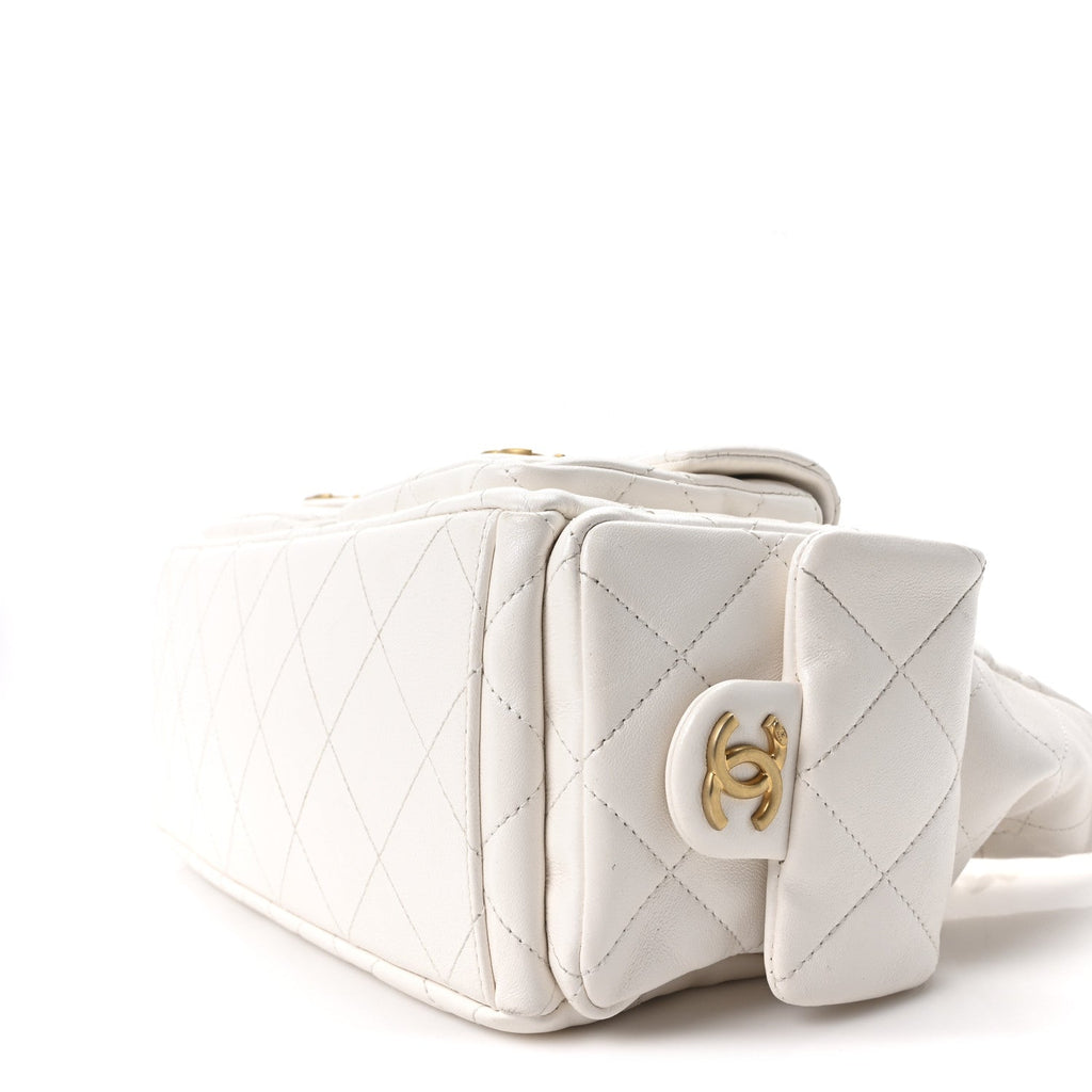 Shiny Lambskin Quilted Trendy Pockets Hobo White