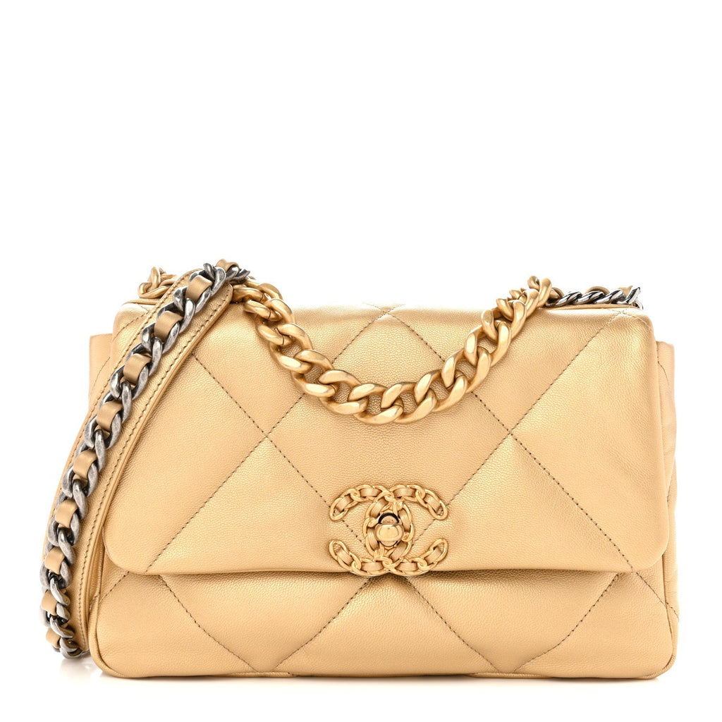 Metallic Goatskin Quilted Medium Chanel 19 Flap Gold