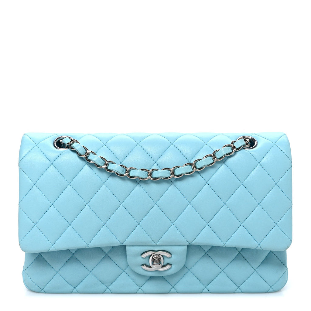 Lambskin Quilted Medium Double Flap Light Blue