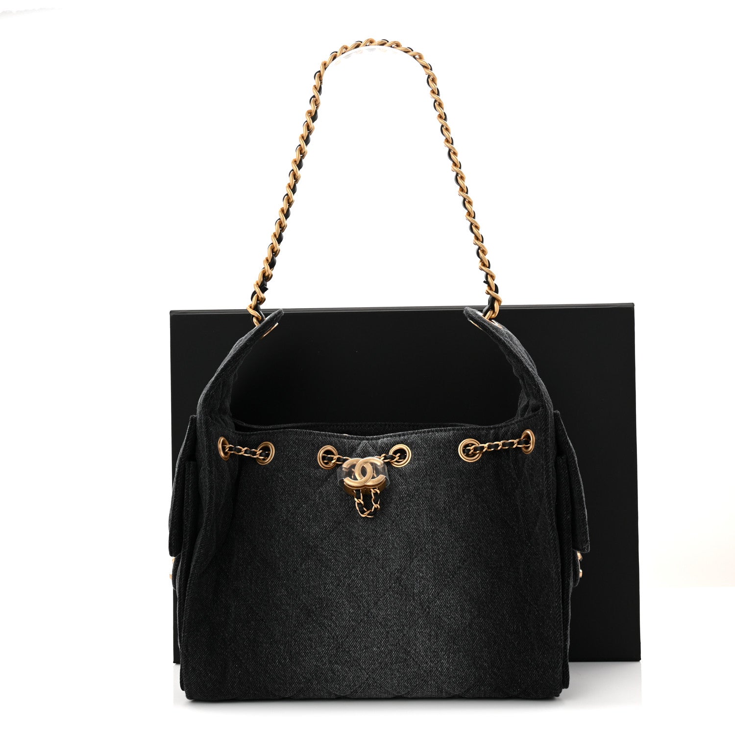 Washed Denim Quilted Small Chanel 25 Handbag Black