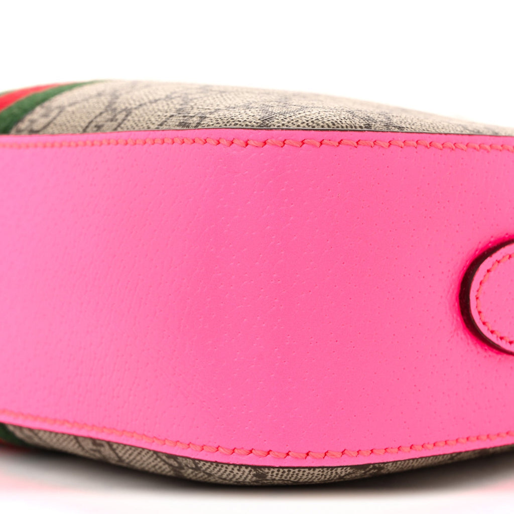 GG Supreme Monogram Textured Dollar Calfskin Web Ophidia Small Crossbody Bag Beige Ebony Fuchsia