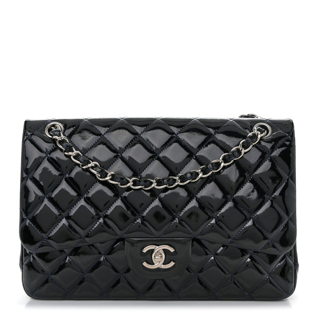 Patent Quilted Jumbo Double Flap Dark Blue