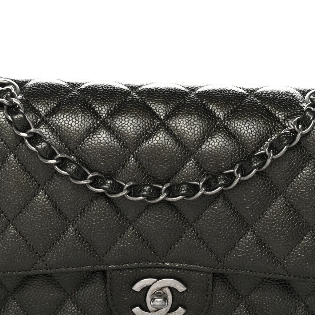 Metallic Caviar Quilted Medium Double Flap Dark Charcoal