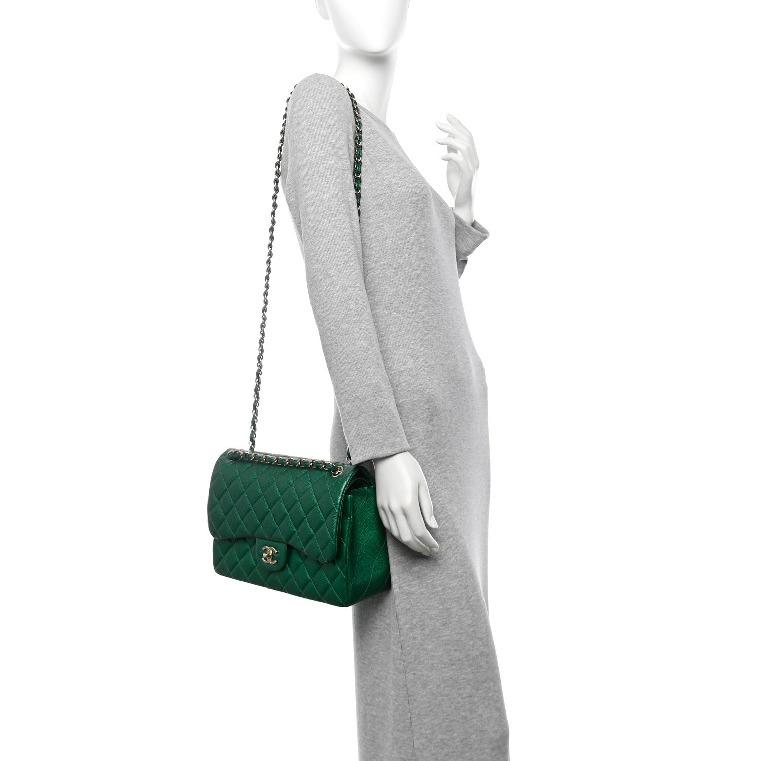 Metallic Caviar Quilted Jumbo Double Flap Green