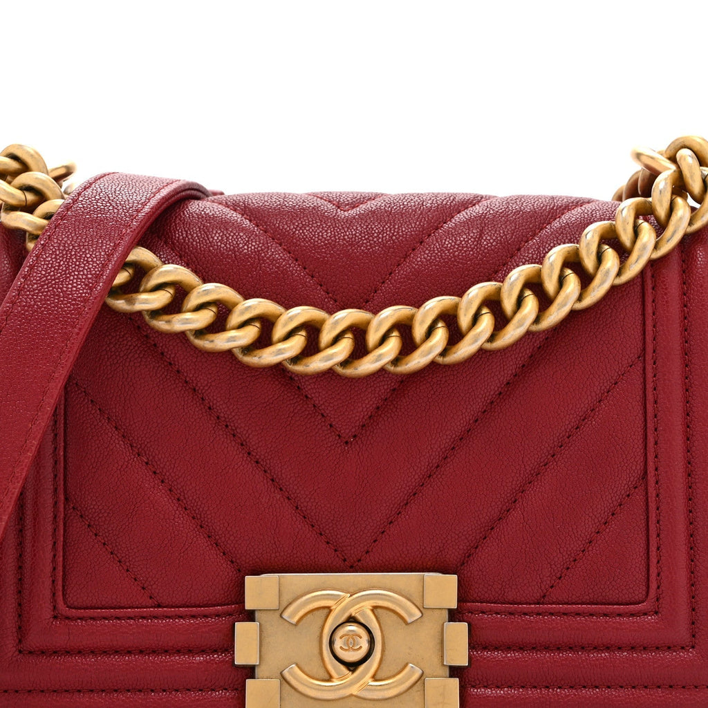 Caviar Chevron Quilted Small Boy Flap Dark Red