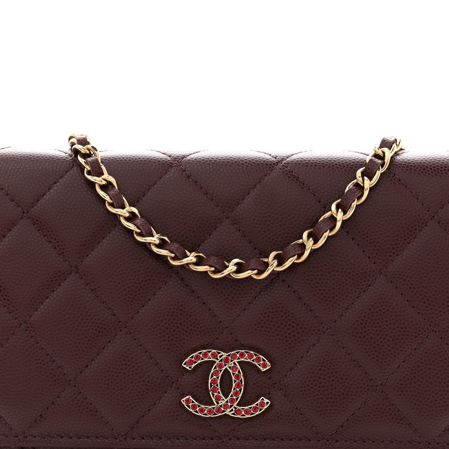 Shiny Caviar Quilted Strass Wallet On Chain WOC Bordeaux
