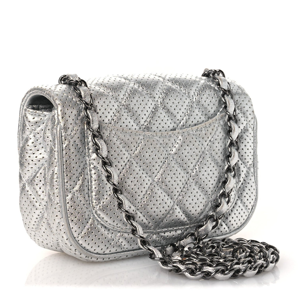 Metallic Lambskin Perforated Mini Rectangular Flap Silver