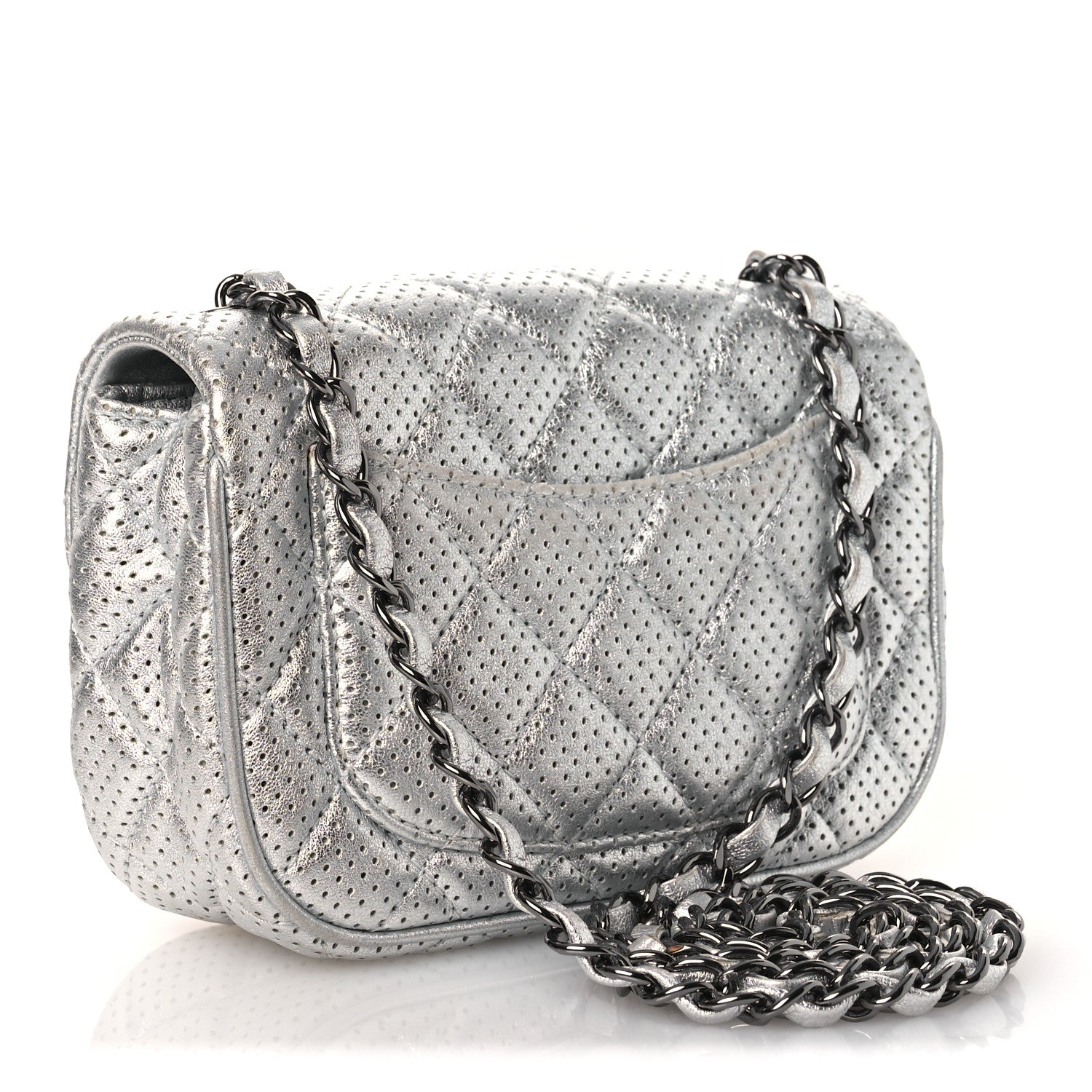 Metallic Lambskin Perforated Mini Rectangular Flap Silver