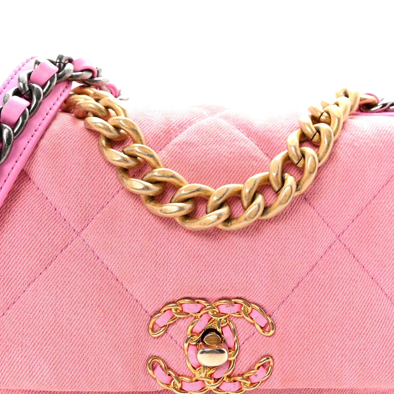 Denim Quilted Medium Chanel 19 Flap Neon Pink