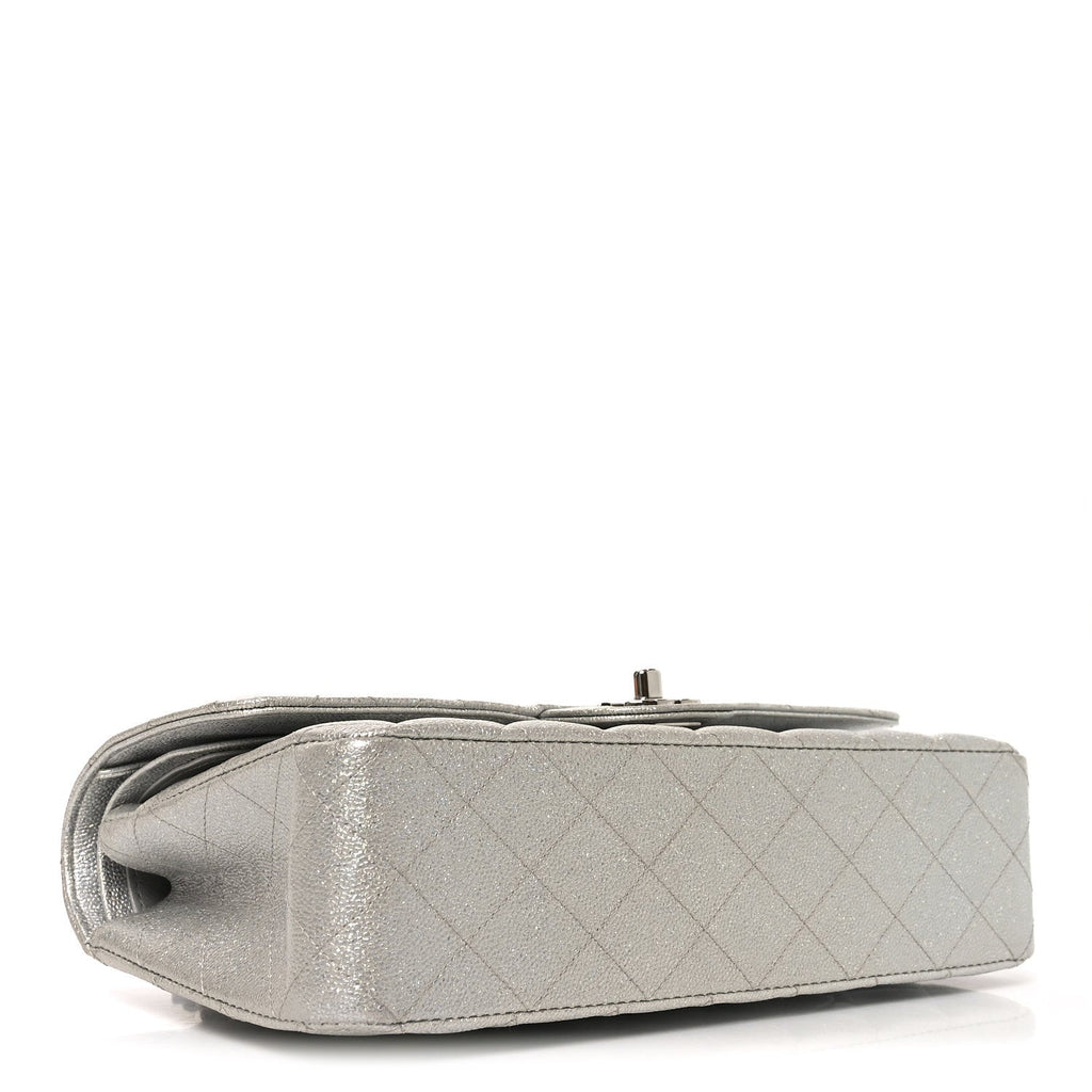 Glittered Metallic Caviar Quilted Medium Double Flap Silver