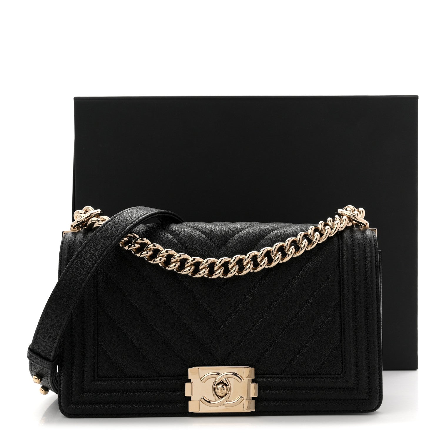 Caviar Chevron Quilted Medium Boy Flap Black