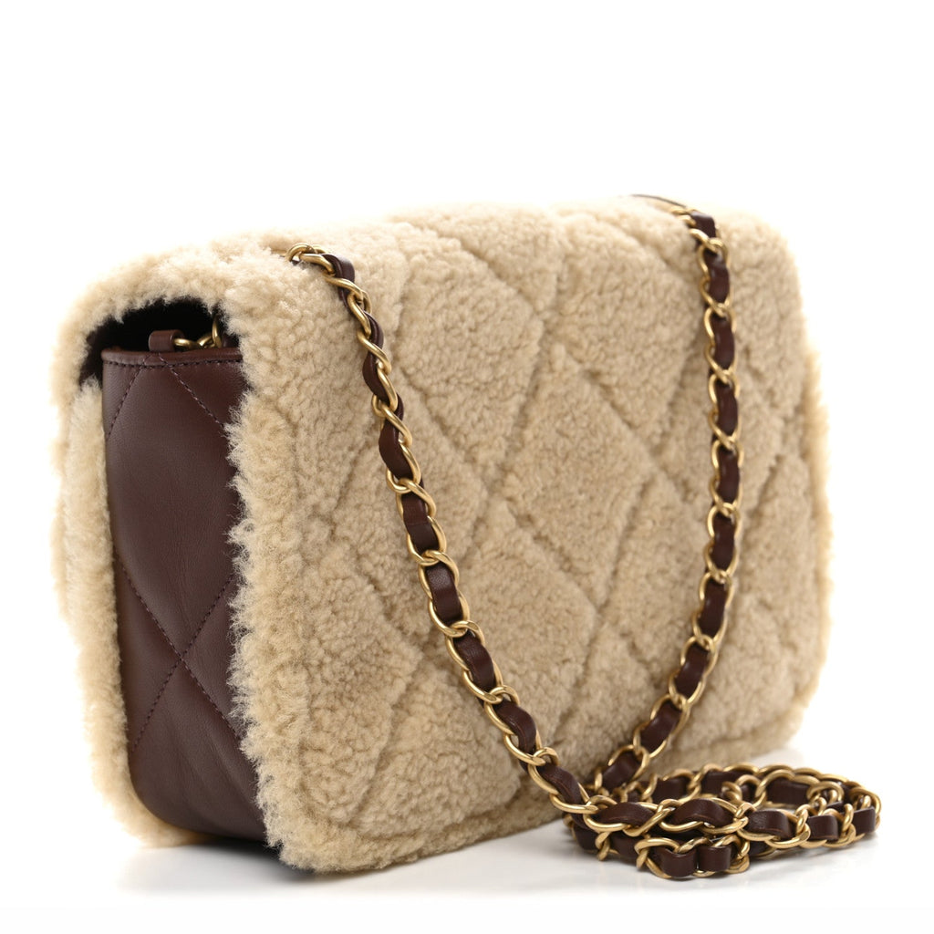 Shearling Lambskin Quilted Furry Coco Flap Dark Brown Beige
