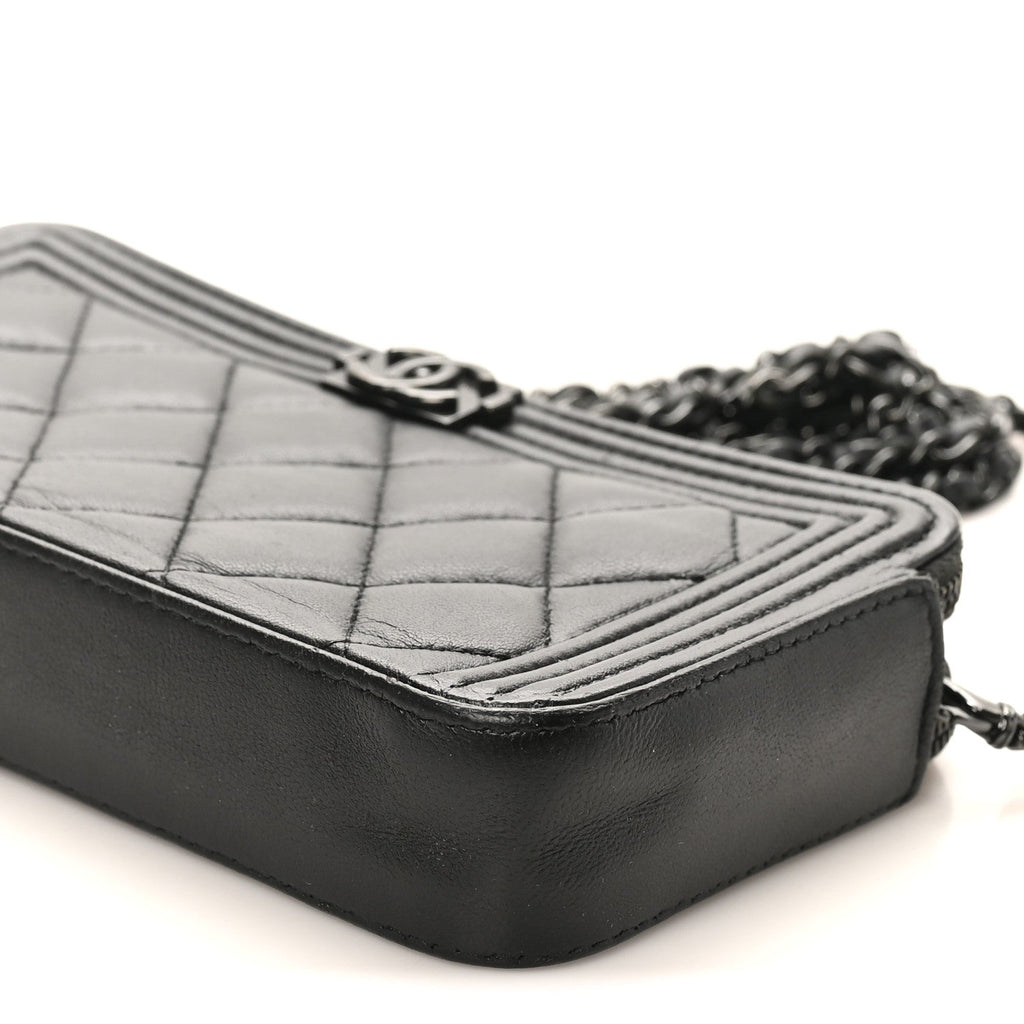 Lambskin Quilted Small Boy Clutch With Chain So Black