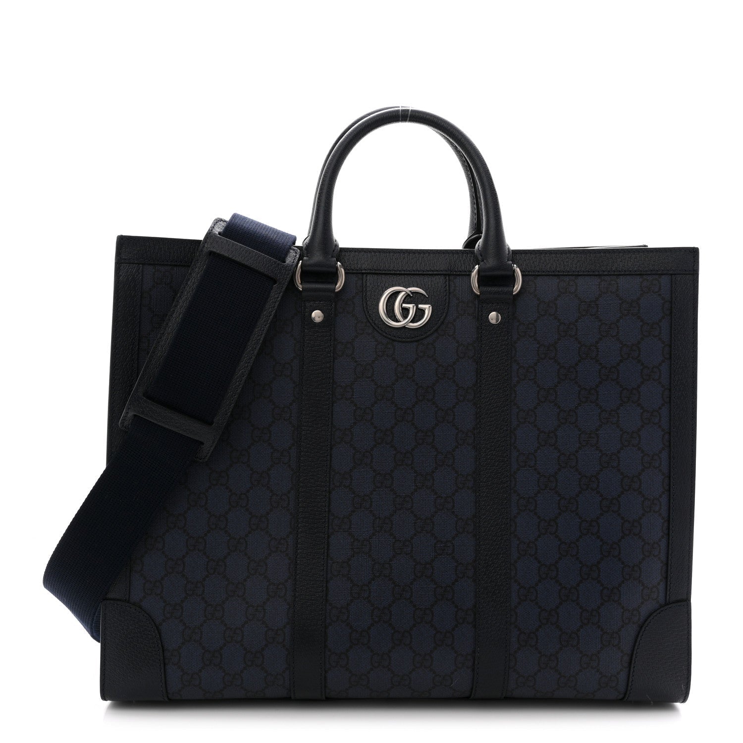GG Supreme Monogram Textured Dollar Calfskin Large Ophidia Tote Bag Black Blue