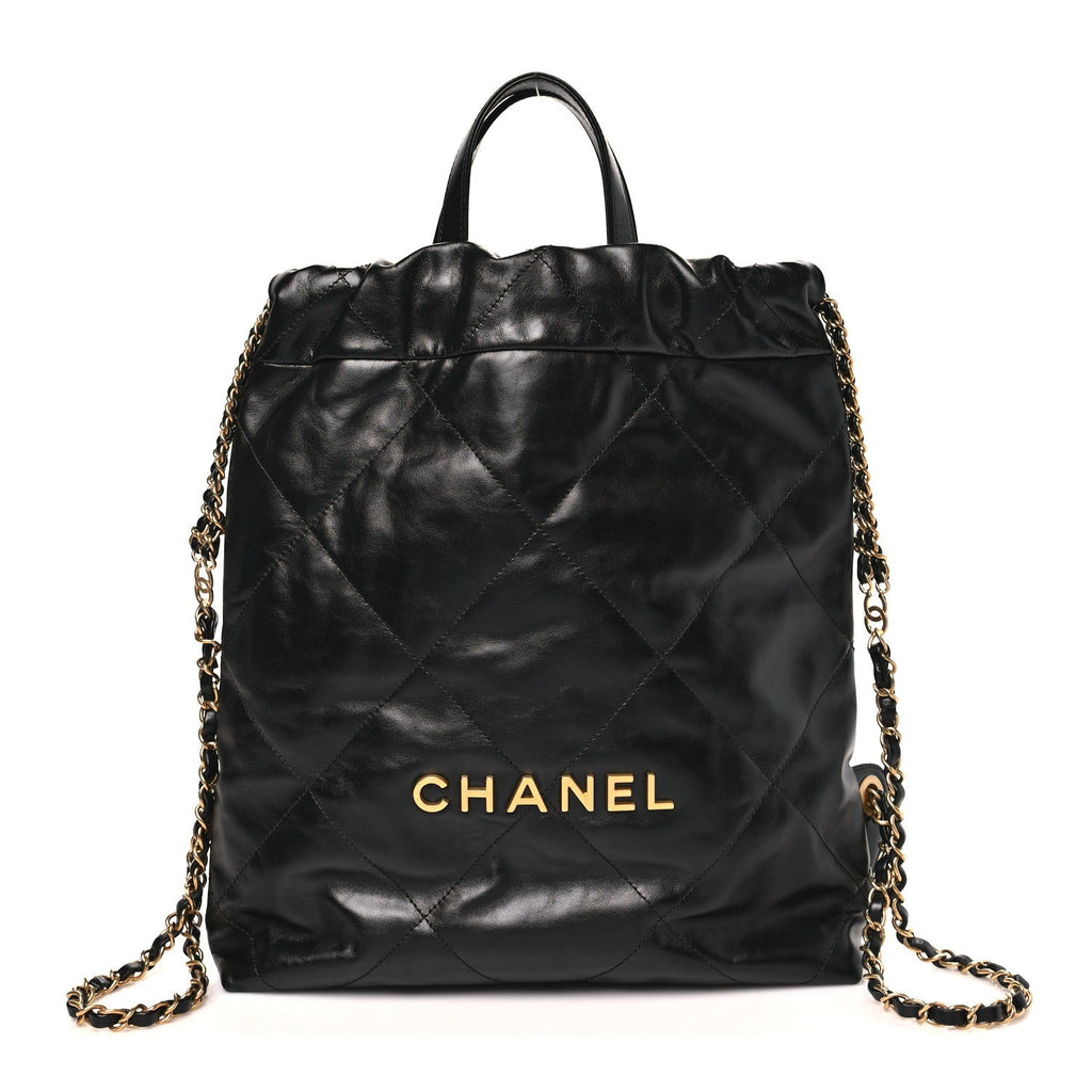 Shiny Calfskin Quilted Chanel 22 Backpack Black