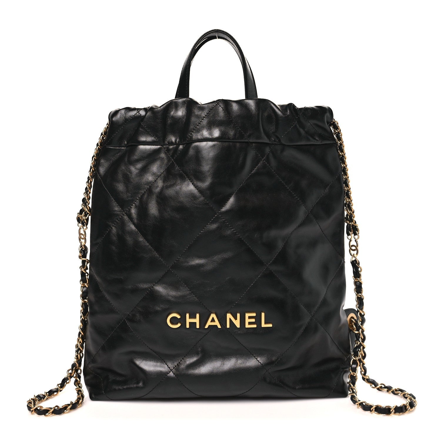 Shiny Calfskin Quilted Chanel 22 Backpack Black